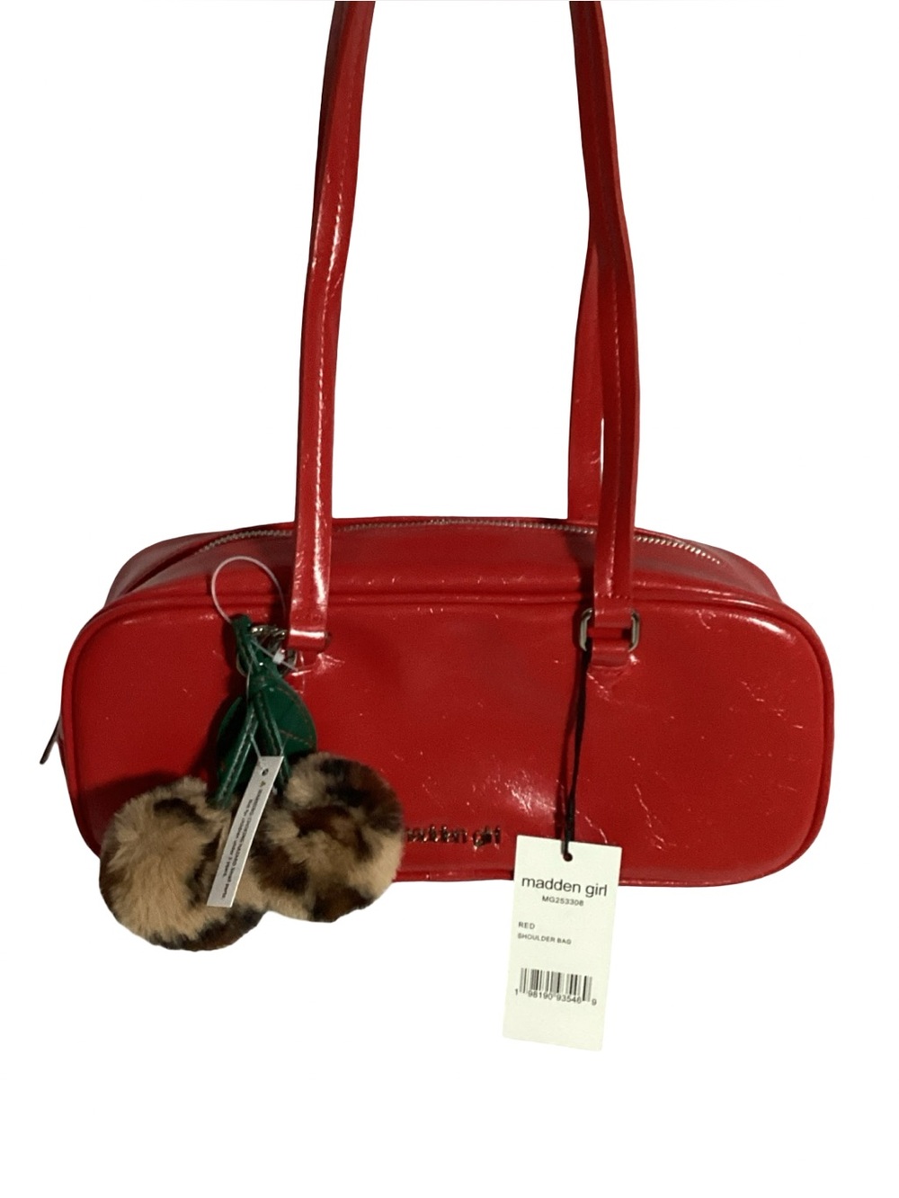 Madden Girl Glossy Red Fashion Shoulder Bag with Pom Pom Charm